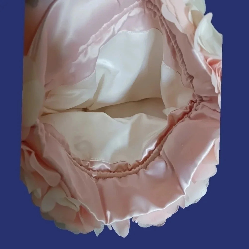 Aimer satin Dragstring Pouch Bag W/Stunning Floral Around The Top Blush Pink - Picture 7 of 14
